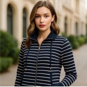 Lauren Ralph Lauren Womens Navy & White Striped Full-Zip Sweater Jacket M Cotton